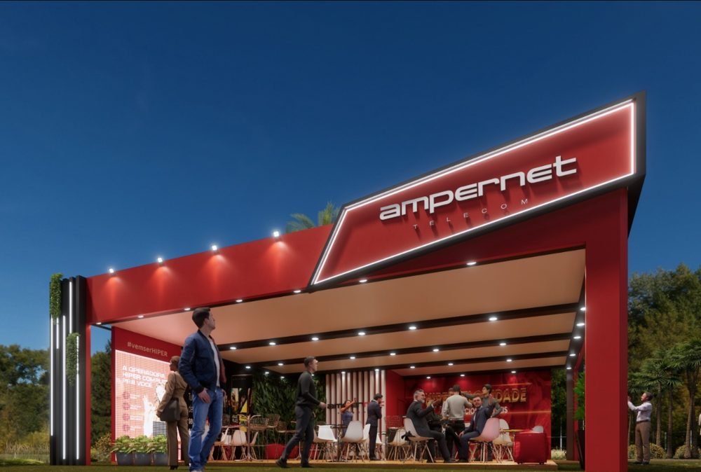 Stand Ampernet Telecom com lounge e sinalização em neon