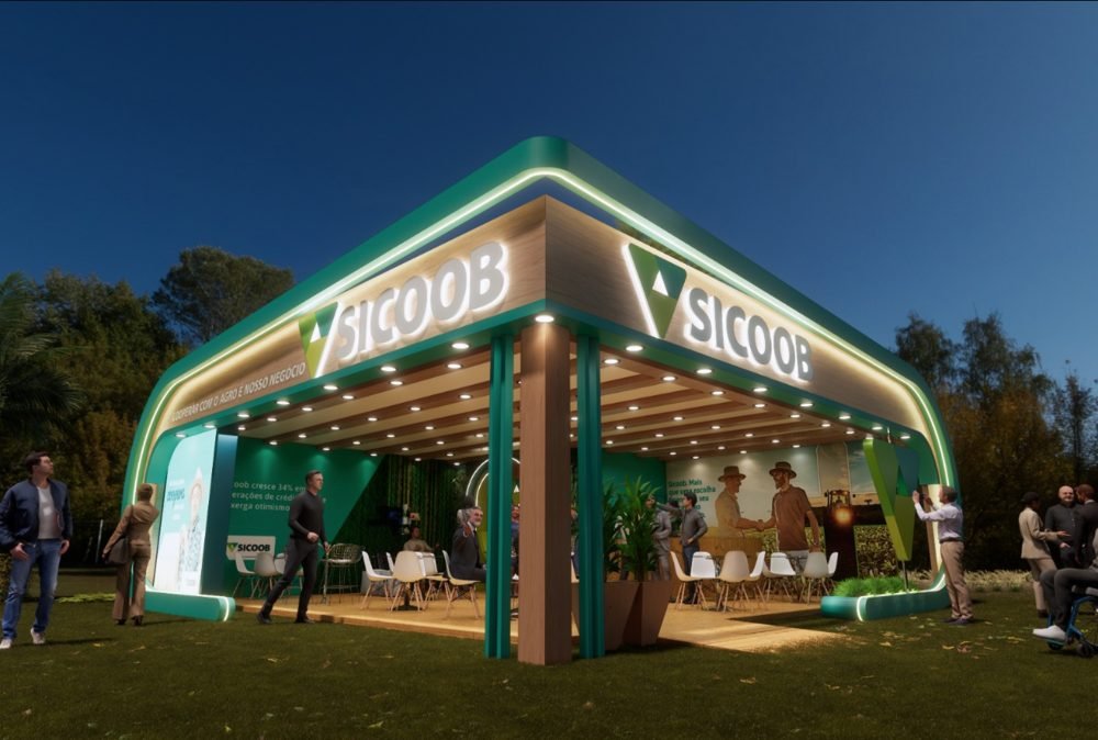 Stand Sicoob em arco de madeira com testeira iluminada